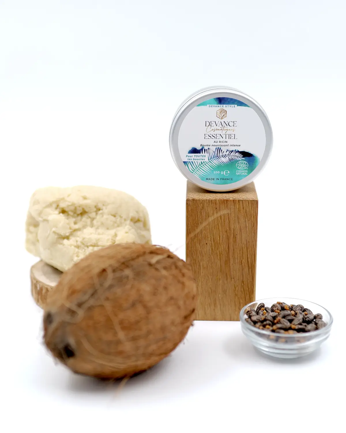 Baume Devance et ses ingrédients bio : huile de ricin, beurre de karité et coco