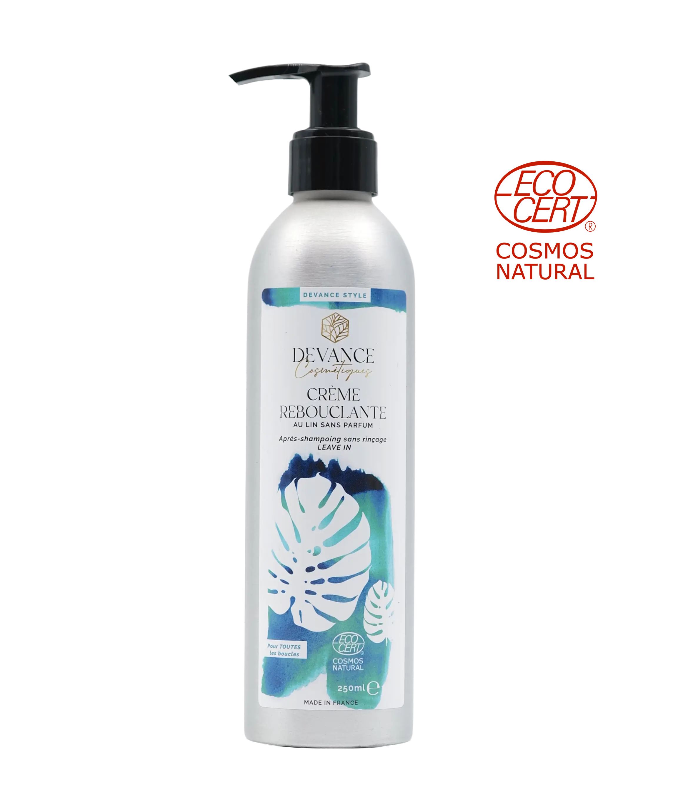 Crème Rebouclante au Lin Sans Parfum Devance 250 ml à côté du logo Ecocert COSMOS NATURAL