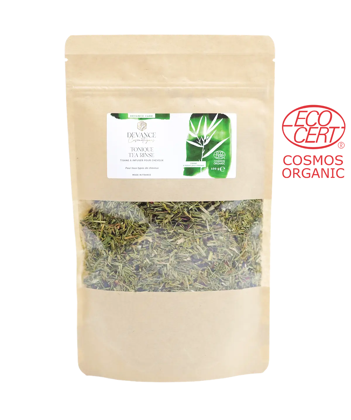 Étiquette de Tonique Tea Rinse à la prêle bio avec le logo Cosmos Organic d’Ecocert