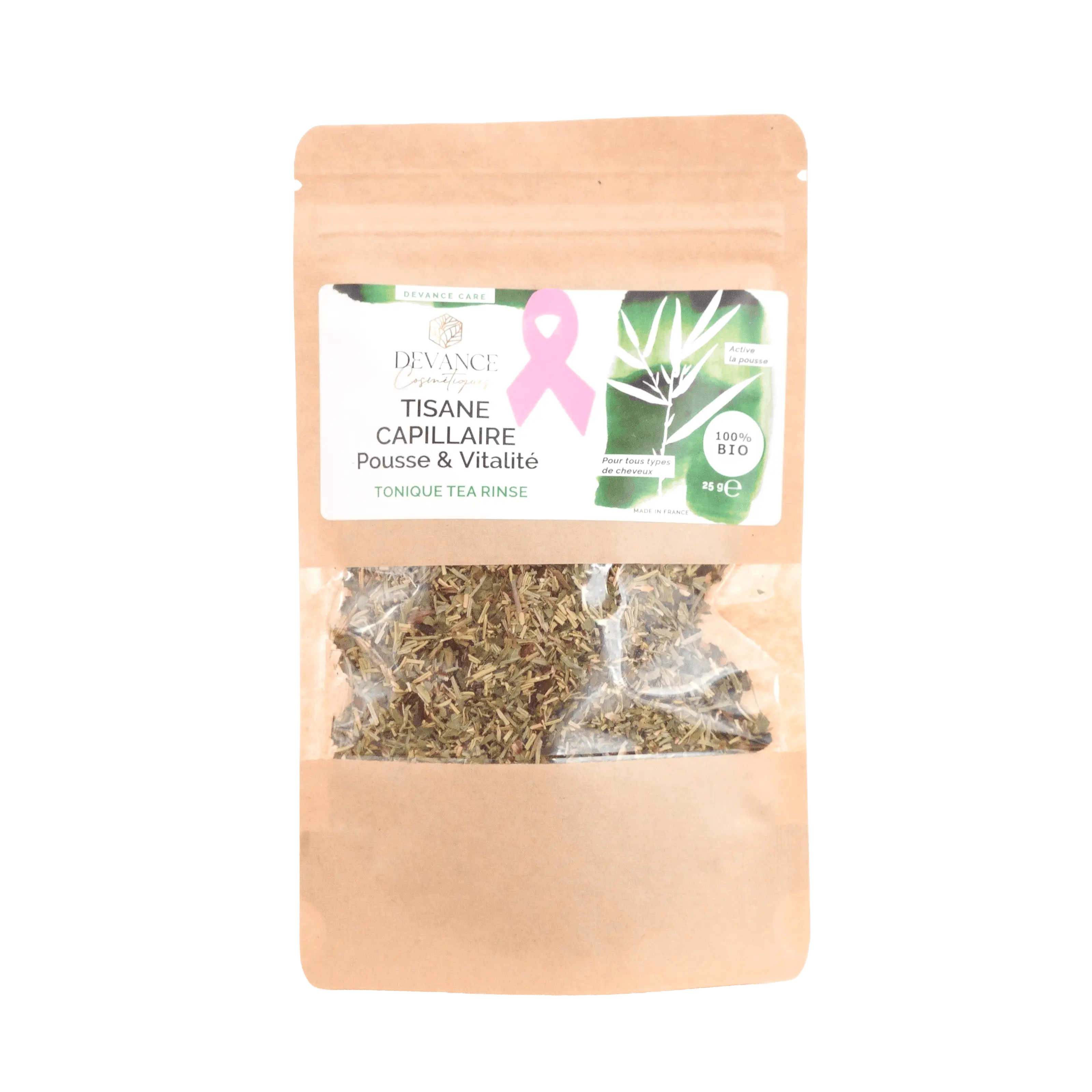 Tisane pousse cheveux Tonique Tea Rinse de Devance en sachet kraft, plantes séchées visibles par la fenêtre